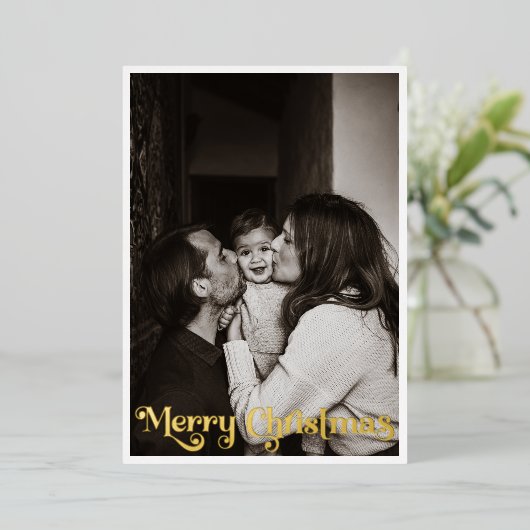 クラシックシンプル縦写真メリークリスマス金ゴールド 箔シーズンカード (立ち正面)