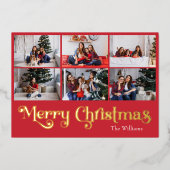 クラシックシンプル金ゴールド赤9写真メリークリスマス 箔シーズンカード (正面)