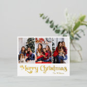 クラシックシンプル3枚フォトメリークリスマス金ゴールド 箔シーズンポストカード (立ち正面)