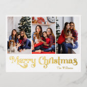 クラシックシンプル3枚フォトメリークリスマス金ゴールド 箔シーズンポストカード (正面)