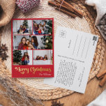 クラシックシンプルRed Five Photo Merry Christmas金ゴールド 箔シーズンポストカード<br><div class="desc">こ祝のシーズンでは、金ゴールドの魅力のtouchを特集したヴィンテージの赤い5枚の写真メリシンプルクリスマスのクラシックホイルの休日のハガキ。ミニマルデザインは赤とエレガント金ゴールドのカラーパレットを展示し、冬の居心地の良い精神を引き出す。そのモダン魅力は言葉と相伝統的合し、豪華さと上品さの完璧なバランスを作り出す。可愛いよくはしゃぐタイポグラフィはファンシーレタリングスタイルでミニマルのtouchを追加しゃれているする。共有この幸せと挨拶で休日の喜びと幸せスタイリッシュを！</div>
