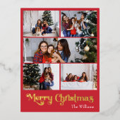 クラシックシンプルRed Five Photo Merry Christmas金ゴールド 箔シーズンポストカード (正面)