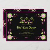 クラシックスカルハロウィーンブラック&ピンクベビーシャワー 招待状 (正面/裏面)