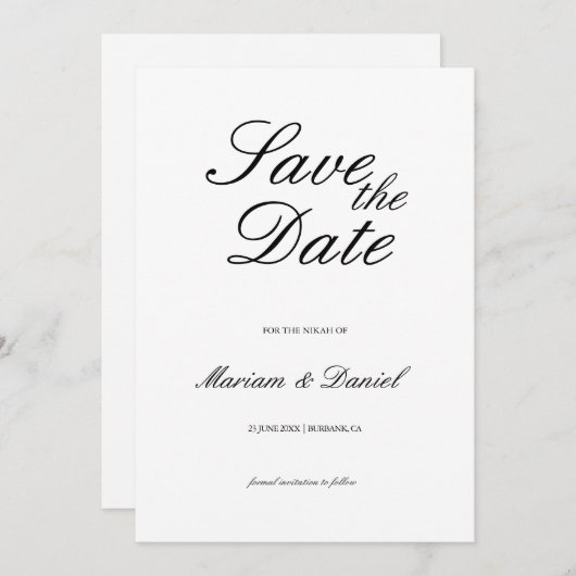 クラシックスクリプエレガントト白黒イスラーム結婚ス セーブザデート (正面/裏面)