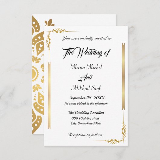 クラシックスクリプトと東部金ゴールドモチーフ 招待状 (正面/裏面)