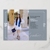 クラシックスクリプト卒業ブルー&シルバー 箔招待状 (正面)