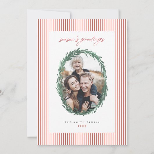クラシックスストライプクリスマスホリデーリースフラットカード シーズンカード (正面)