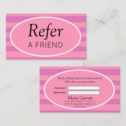 クラシックストライプピンクと紫が友人を参照 紹介カード (正面/裏面)
