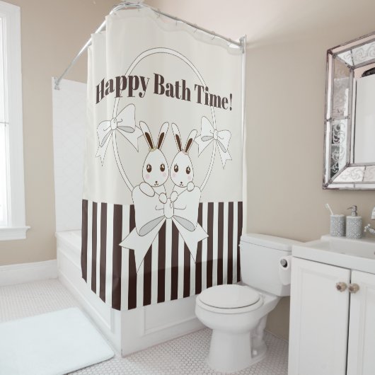 クラシックストライプモダン可愛い漫画ツインバニー シャワーカーテン (インサイチュ)