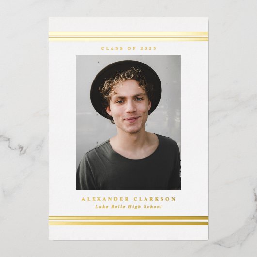 クラシックストライプ写真モダン卒業党 箔招待状 (正面)