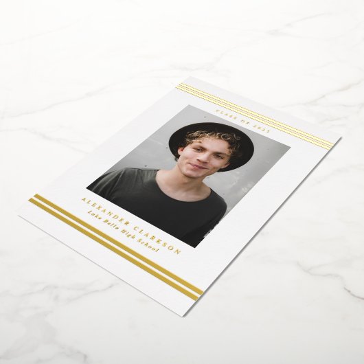 クラシックストライプ写真モダン卒業党 箔招待状 (回転した状態)