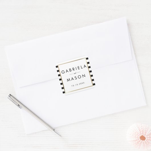 クラシックストライプ結婚 |金フェイク箔 スクエアシール (封筒)