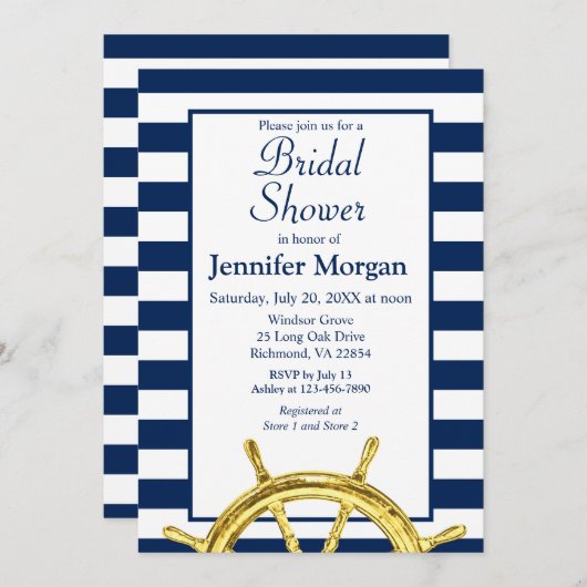 クラシックストライプ航海の金ゴールドブライダルシャワー 招待状 (正面/裏面)