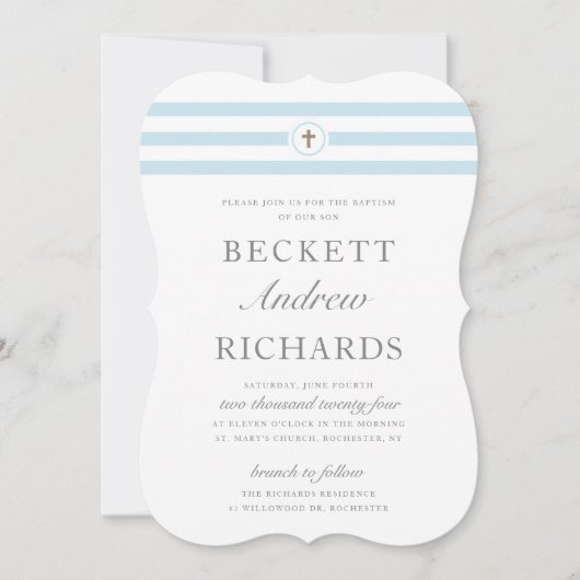 クラシックストライプ ブルー 男の子 洗礼 招待状 (正面)