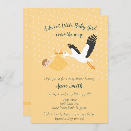 クラシックストークベビーガールシャワー招待状 招待状 (正面/裏面)