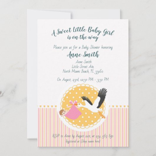 クラシックストークベビーガールシャワー招待状 招待状 (正面)