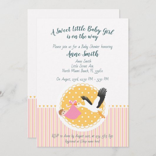 クラシックストークベビーガールシャワー招待状 招待状 (正面/裏面)