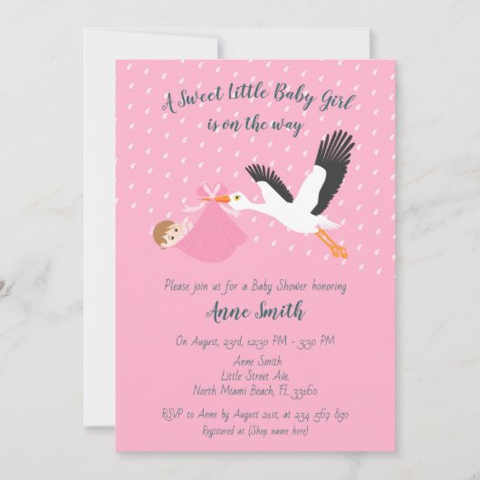 クラシックストークベビーガールシャワー招待状 招待状 (正面)