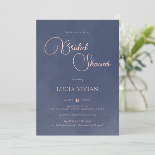 クラシックスモーキーネイビーブルータイポグラフィブライダルシャワー 招待状 (スタンド正面)