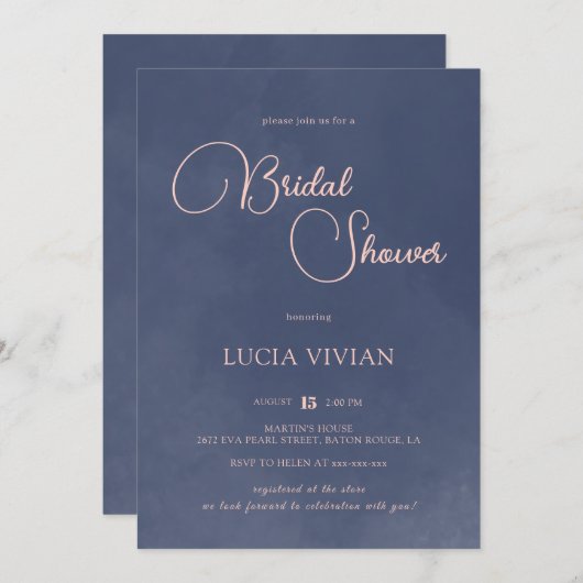 クラシックスモーキーネイビーブルータイポグラフィブライダルシャワー 招待状 (正面/裏面)