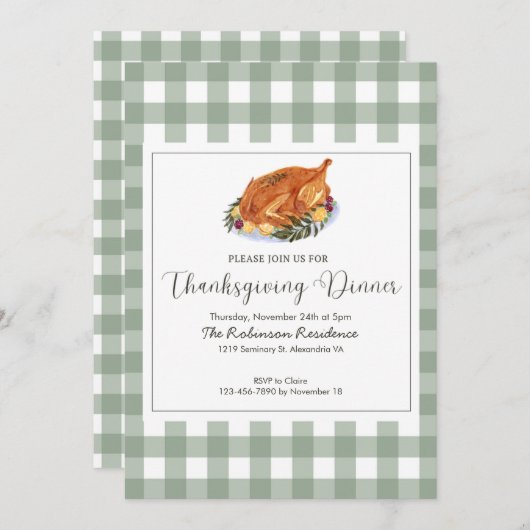 クラシックセージとプレイド感謝祭ディナー 招待状 (正面/裏面)