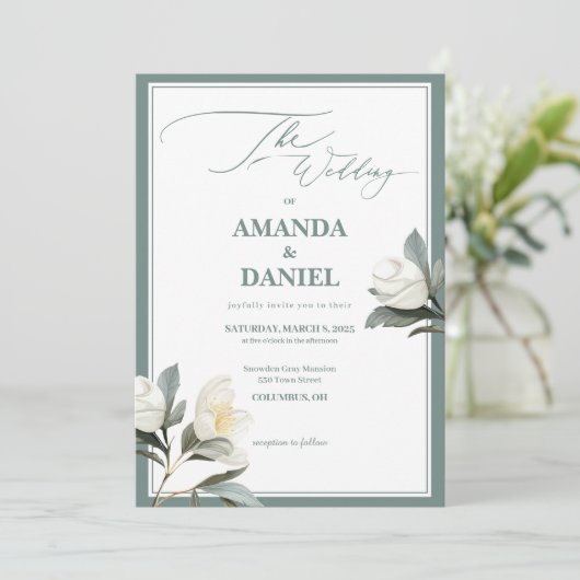 クラシックセージグリーンとホワイトフローラズ結婚ズ 招待状 (スタンド正面)