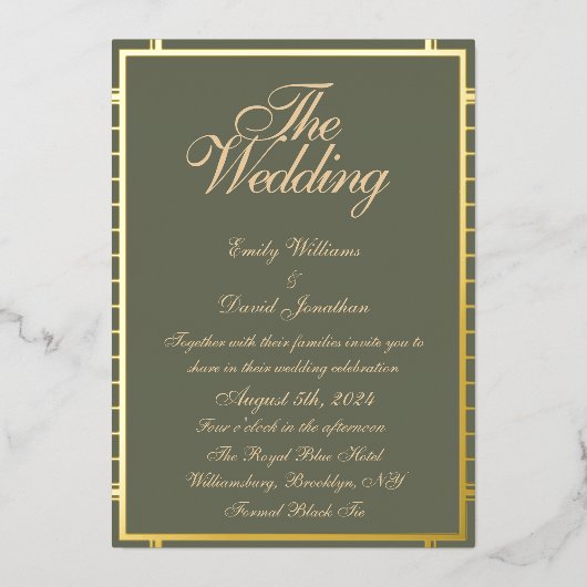 クラシックセージグリーンアンドゴールデン 箔招待状 (正面)