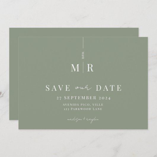 クラシックセージ緑の結婚式の日付を保存 セーブザデート (正面/裏面)