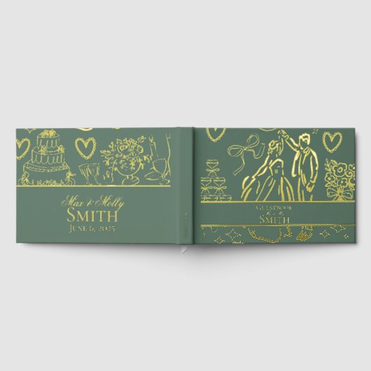 クラシックセージ緑の結婚手描きスケッチ ゲストブック (全面)