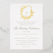 クラシックセージ緑植物性金ゴールドモノグラムクレスト 箔招待状 (正面)