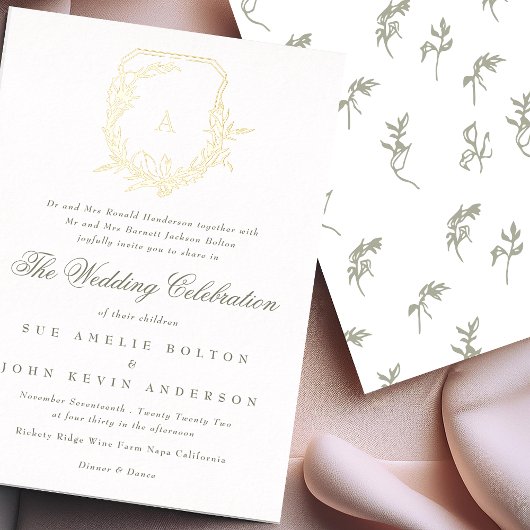 クラシックセージ緑植物性金ゴールドモノグラムクレスト 箔招待状