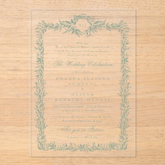 クラシックセージ緑葉枠モノグラム結婚ズ アクリル招待状 (正面)