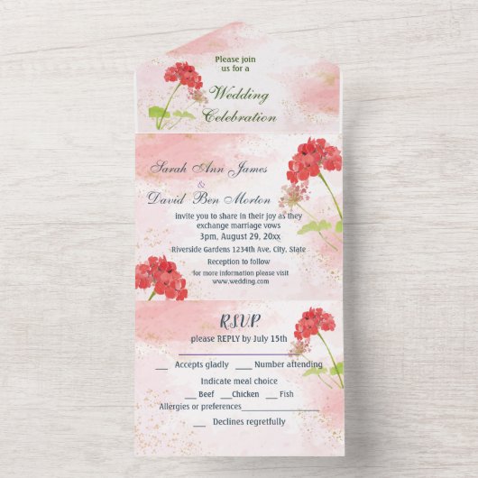 クラシックゼラニウムガーデンフラワーズウォーター色 オールインワン招待状 (内側)