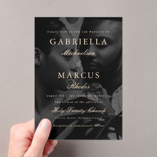 クラシックタイポグラフィオーバーレイ結婚写真 アクリル招待状 (インサイチュ (ポータブル))