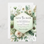 クラシックタイポグラフィユニークセージグリーン結婚ズ セーブザデート (正面/裏面)