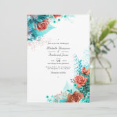 クラシックターコイズとコーラルフローラQRコード結婚s 招待状 (スタンド正面)
