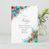 クラシックターコイズ＆コーラル フローラル ウェディング フォト 招待状 (スタンド正面)