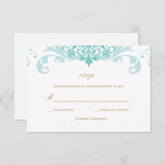 クラシックターコイズ&金ゴールドエレガントアイアン結婚ワークス 出欠カード (正面/裏面)