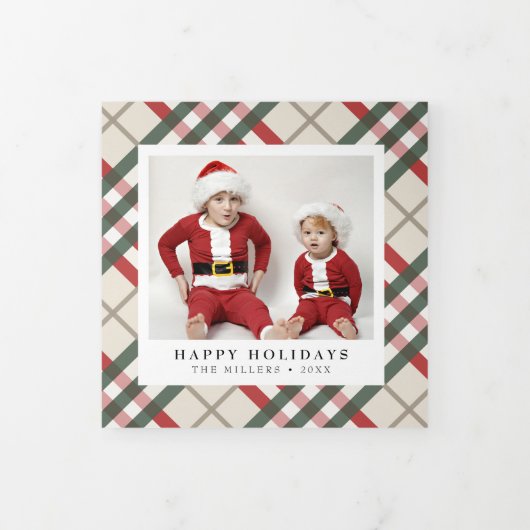 クラシックタータンチェックベージュプレイドクリスマストリフォールドホリ 三つ折りクリスマスカード (カバー)
