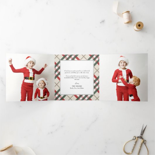 クラシックタータンチェックベージュプレイドクリスマストリフォールドホリ 三つ折りクリスマスカード (内部)
