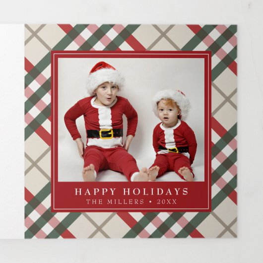 クラシックタータンチェックベージュプレイドクリスマストリフォールドホリ 三つ折りクリスマスカード (カバー)