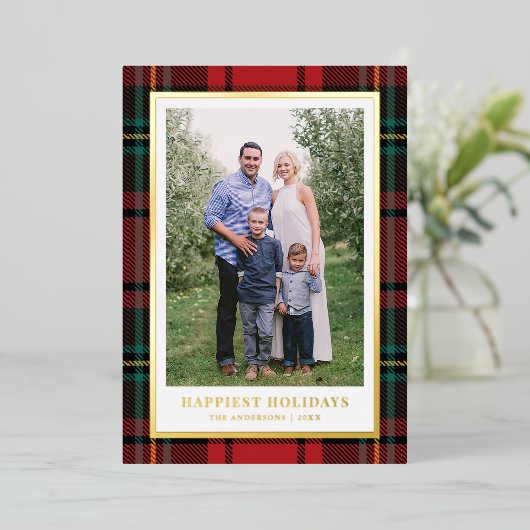 クラシックタータンチェック+ゴールドフォイルホリデーフォトカード 箔シーズンカード (立ち正面)