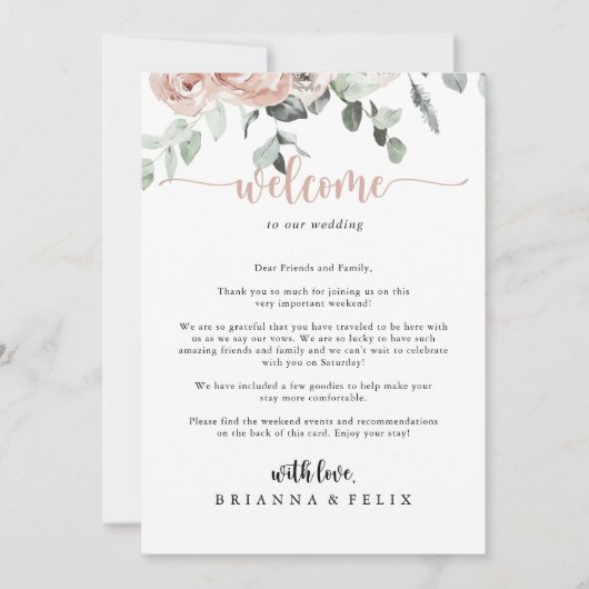 クラシックダスティピンクローズ結婚のウェルカムレター (正面)