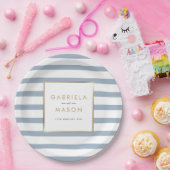 クラシックダスティブルーストライプ金結婚箔ズ ペーパープレート (パーティー)