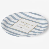 クラシックダスティブルーストライプ金結婚箔ズ ペーパープレート (アングル)