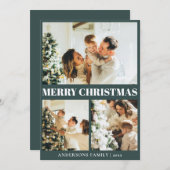 クラシックダークグリーンミニマルクリスマスフォトグリッド シーズンカード (正面/裏面)