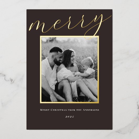 クラシックダークブラウンと金ゴールドフレームファミリーフォト 箔シーズンカード (正面)