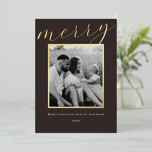 クラシックダークブラウンと金ゴールドフレームファミリーフォト 箔シーズンカード (立ち正面)