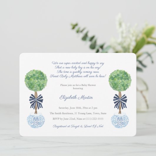 クラシックダークブルーとホワイトボーイベビーシャワーパーティー 招待状 (スタンド正面)