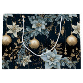 クラシックダークブルーと金ゴールドオーナメントパターン ラージペーパーバッグ (正面)